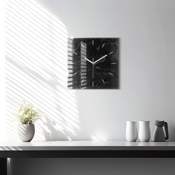 Square glass wall clock Black marble