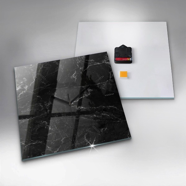 Square glass wall clock Black marble
