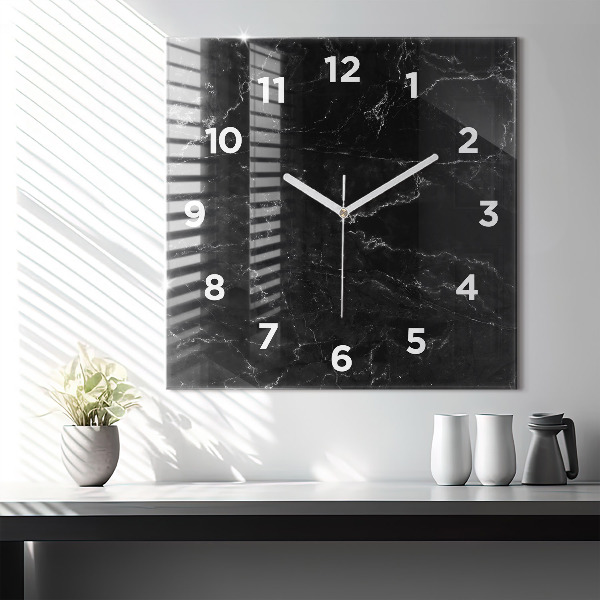 Square glass wall clock Black marble