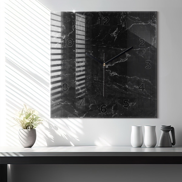 Square glass wall clock Black marble
