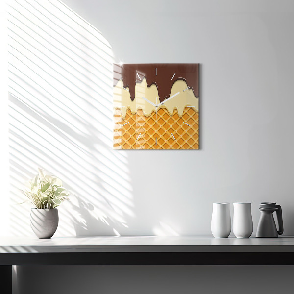 Square glass wall clock Waffle and ice cream