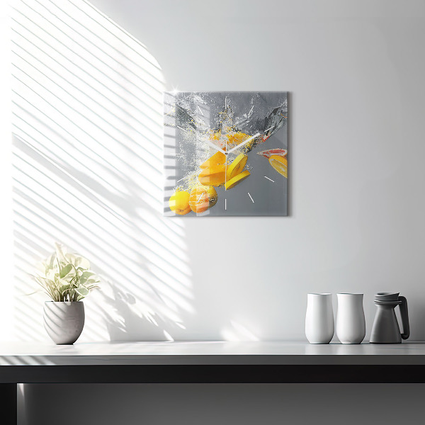Square glass wall clock Citrus in water