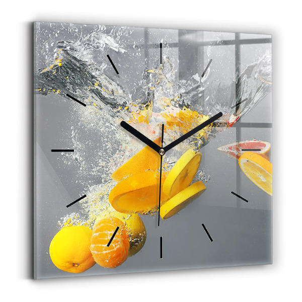 Square glass wall clock Citrus in water