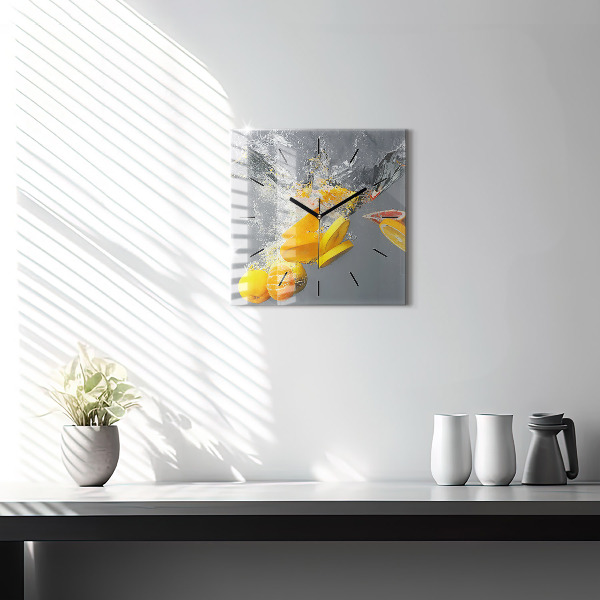 Square glass wall clock Citrus in water