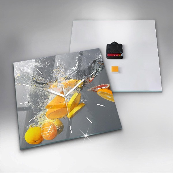 Square glass wall clock Citrus in water