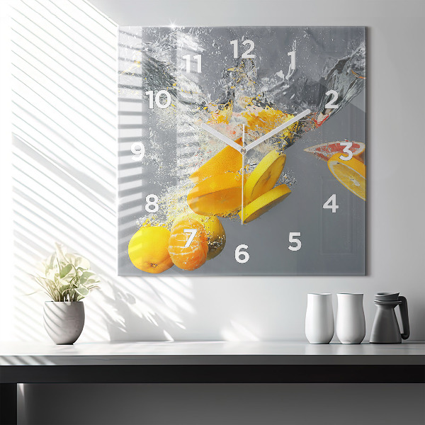 Square glass wall clock Citrus in water