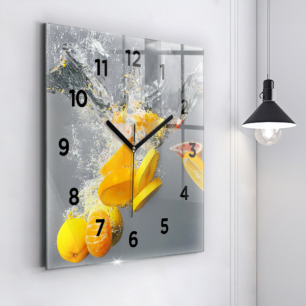 Square glass wall clock Citrus in water