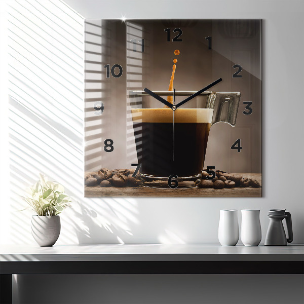 Square glass wall clock A cup of coffee