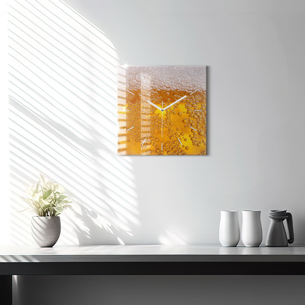 Square glass wall clock Beer with foam