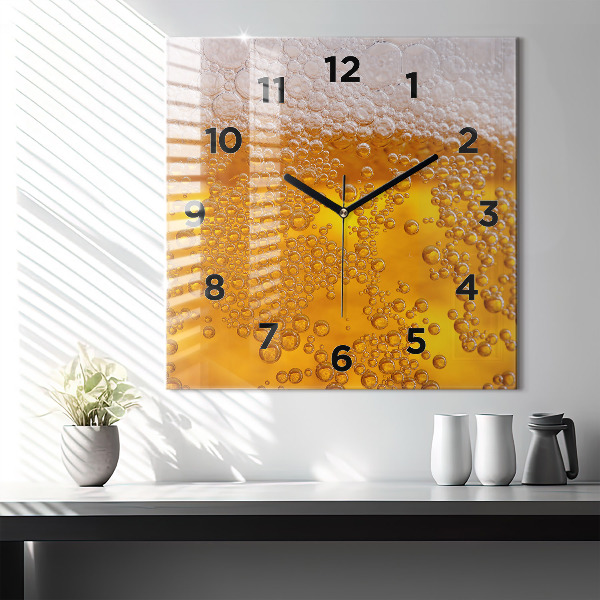 Square glass wall clock Beer with foam