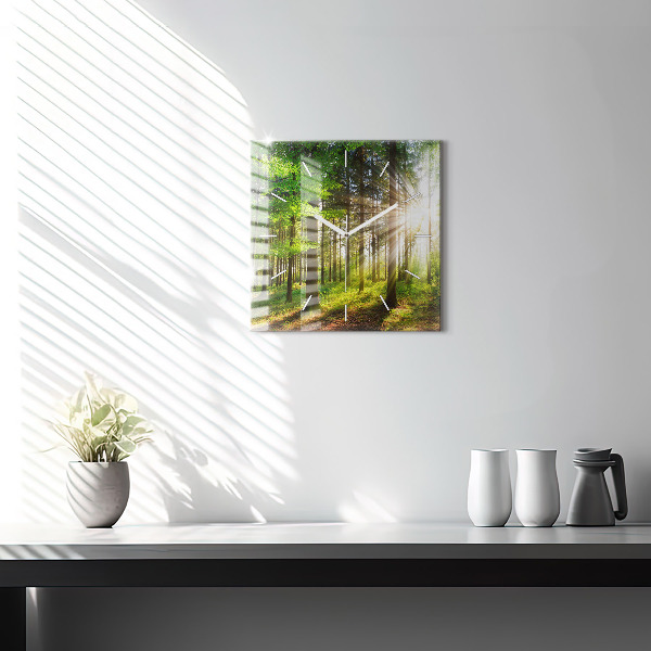 Square glass wall clock Forest sunrise