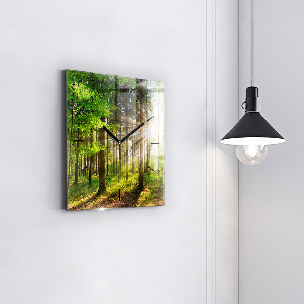 Square glass wall clock Forest sunrise