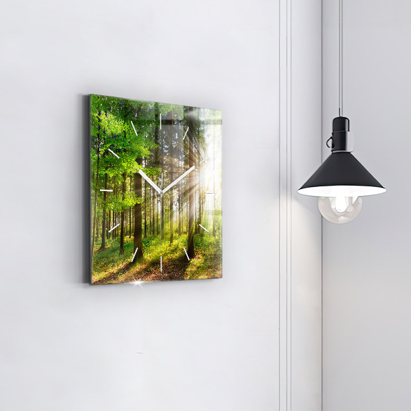 Square glass wall clock Forest sunrise