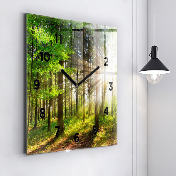 Square glass wall clock Forest sunrise