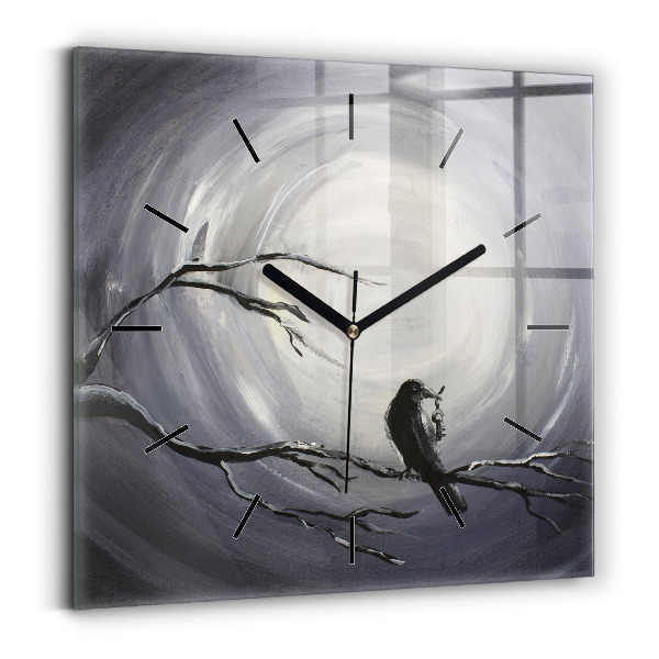 Square glass wall clock Raven in the moonlight