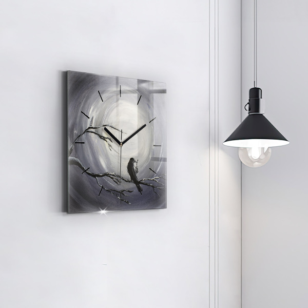 Square glass wall clock Raven in the moonlight