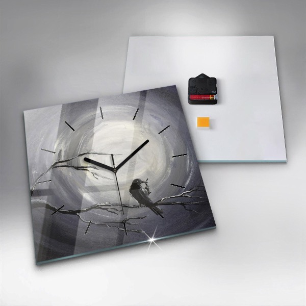 Square glass wall clock Raven in the moonlight