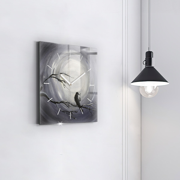 Square glass wall clock Raven in the moonlight