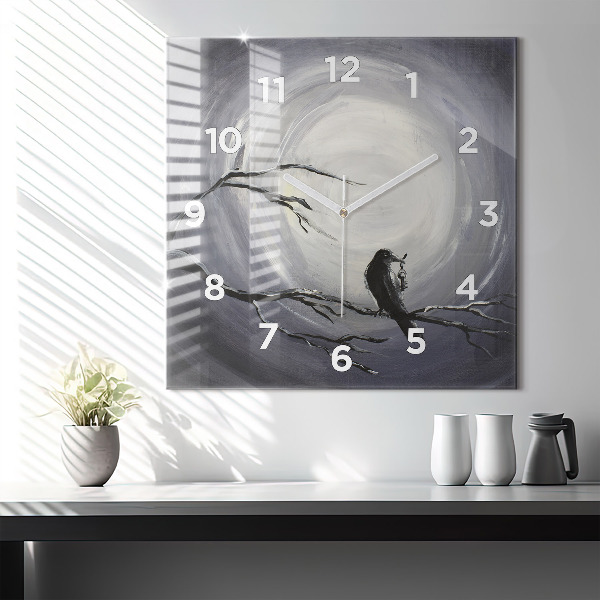 Square glass wall clock Raven in the moonlight