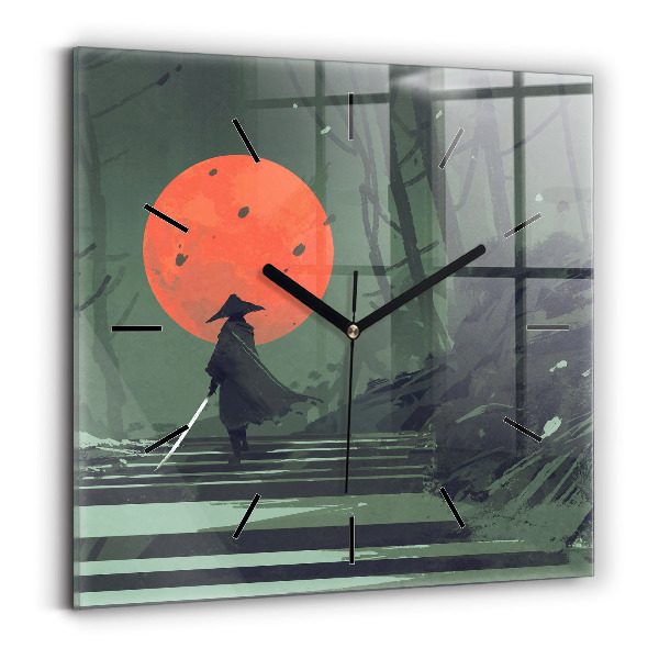 Square glass wall clock Samurai in the forest
