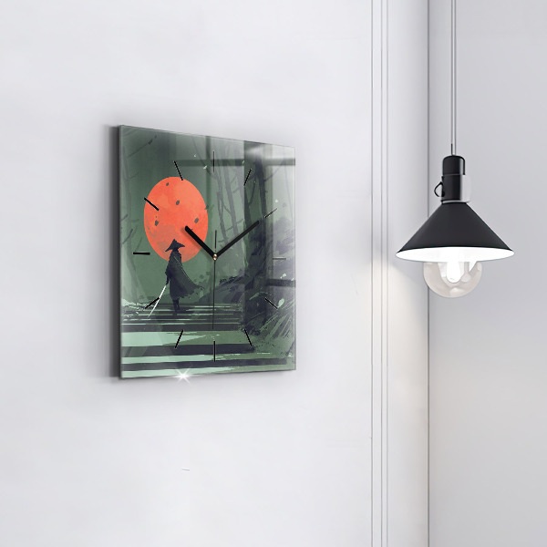 Square glass wall clock Samurai in the forest