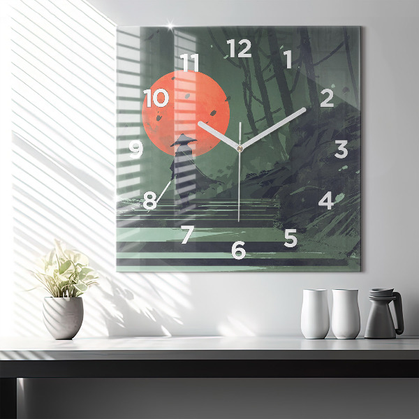 Square glass wall clock Samurai in the forest