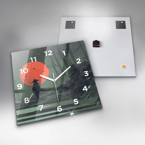 Square glass wall clock Samurai in the forest