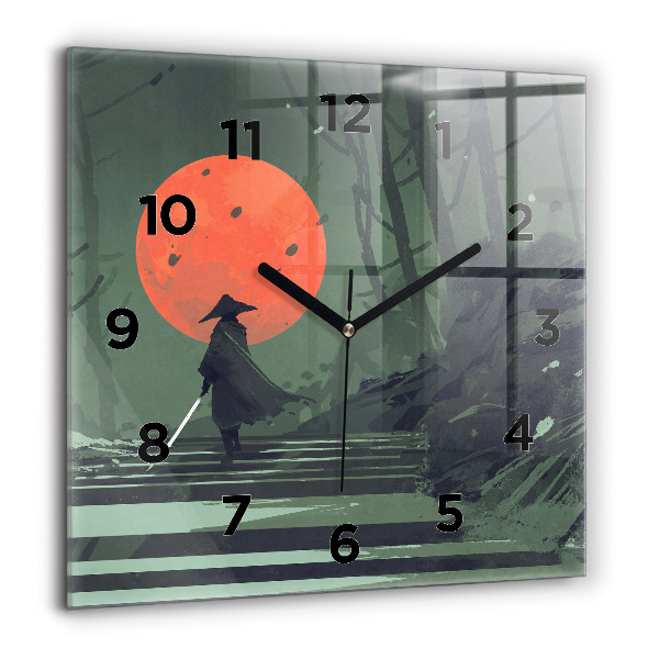 Square glass wall clock Samurai in the forest