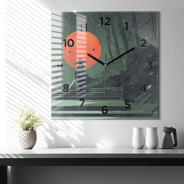 Square glass wall clock Samurai in the forest
