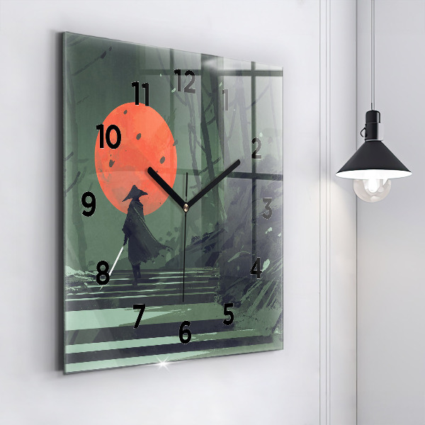 Square glass wall clock Samurai in the forest