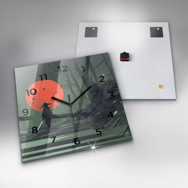 Square glass wall clock Samurai in the forest
