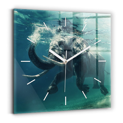 Square glass wall clock Swimming elephant in the ocean