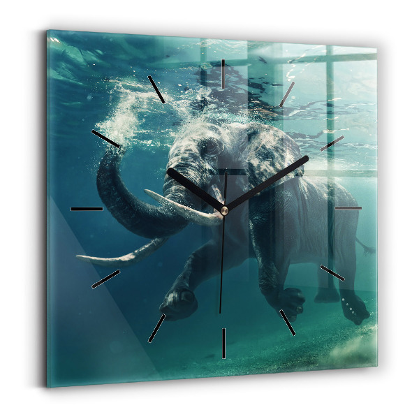 Square glass wall clock Swimming elephant in the ocean