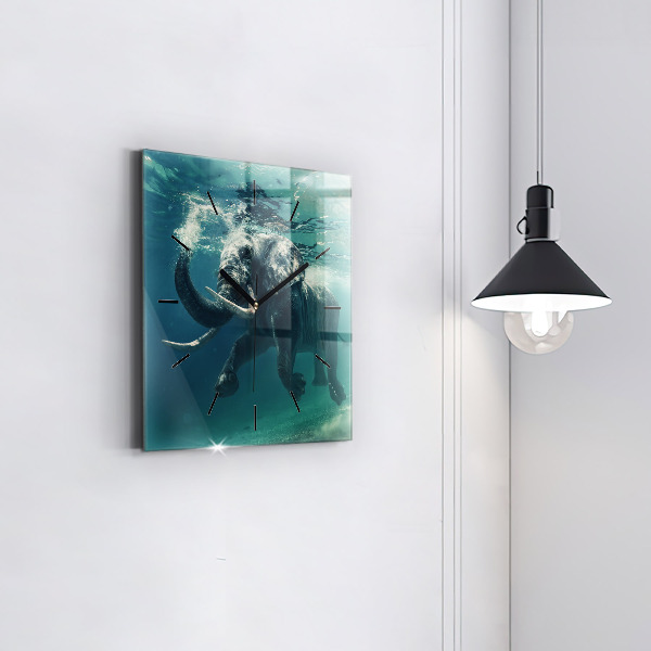 Square glass wall clock Swimming elephant in the ocean