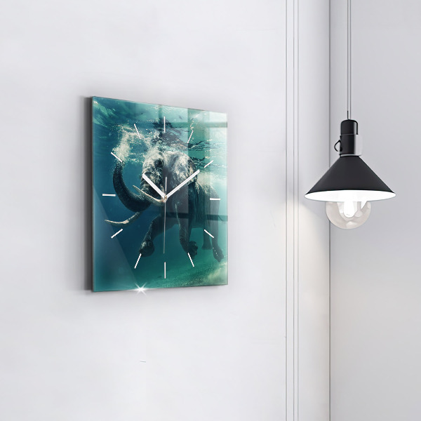 Square glass wall clock Swimming elephant in the ocean