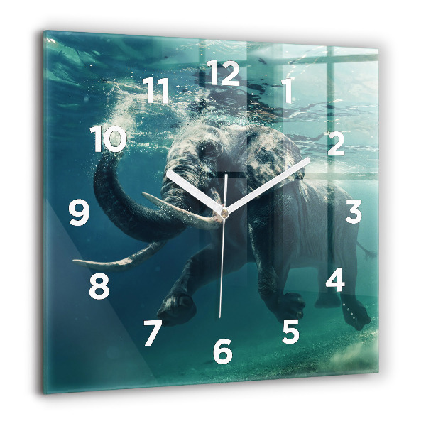 Square glass wall clock Swimming elephant in the ocean