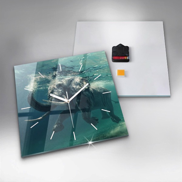 Square glass wall clock Swimming elephant in the ocean