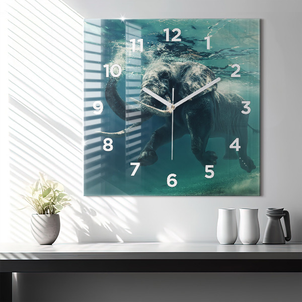Square glass wall clock Swimming elephant in the ocean
