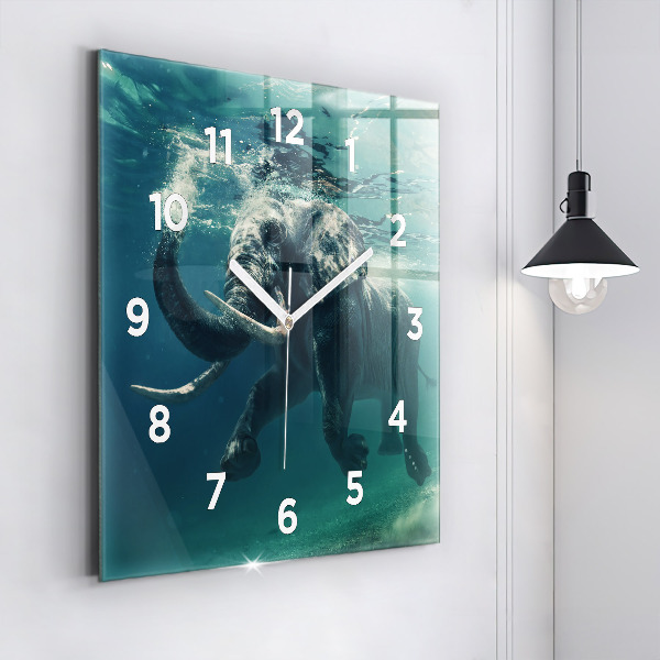 Square glass wall clock Swimming elephant in the ocean