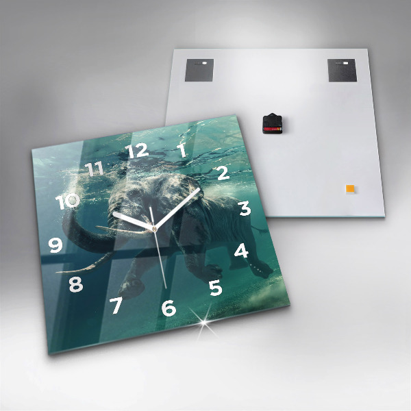 Square glass wall clock Swimming elephant in the ocean