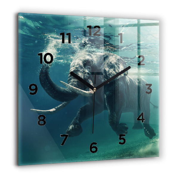 Square glass wall clock Swimming elephant in the ocean