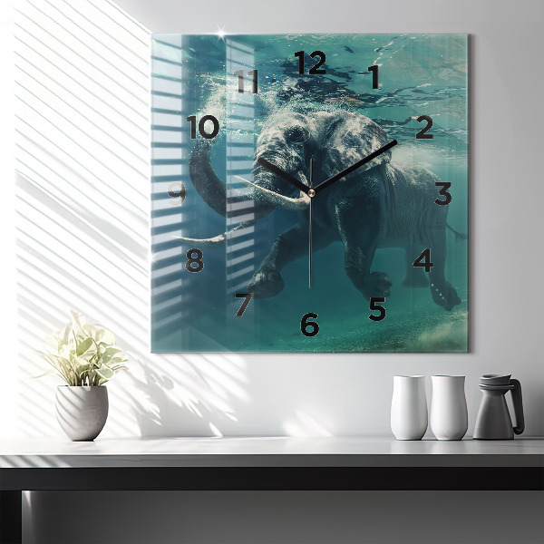 Square glass wall clock Swimming elephant in the ocean