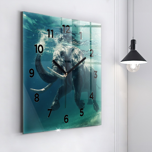 Square glass wall clock Swimming elephant in the ocean