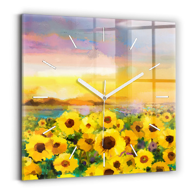Square glass wall clock Sunflower Field