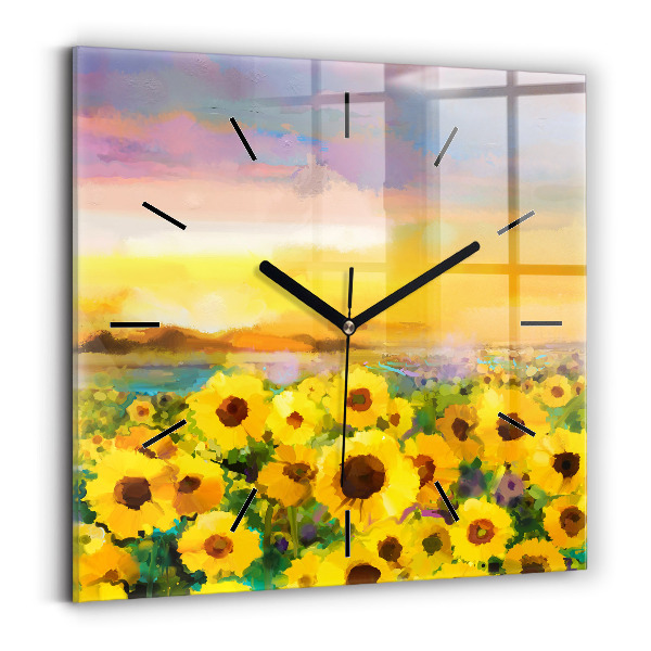 Square glass wall clock Sunflower Field