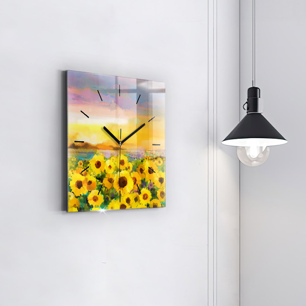 Square glass wall clock Sunflower Field