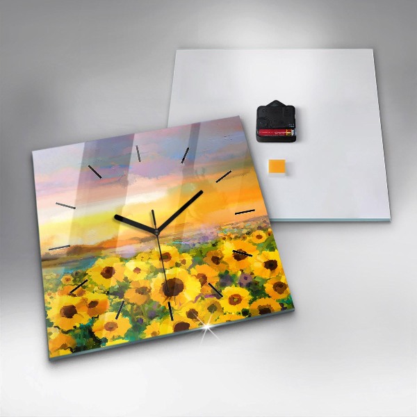 Square glass wall clock Sunflower Field