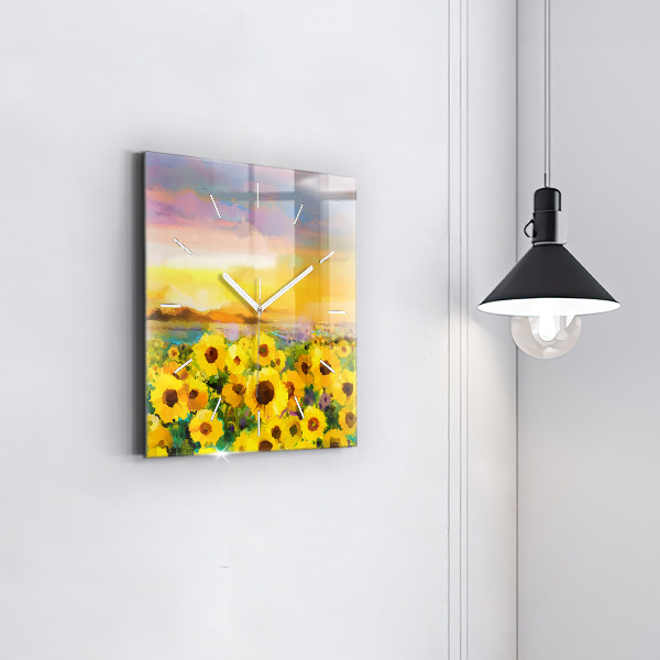 Square glass wall clock Sunflower Field