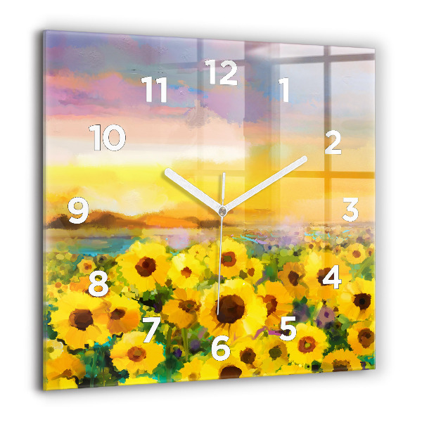 Square glass wall clock Sunflower Field