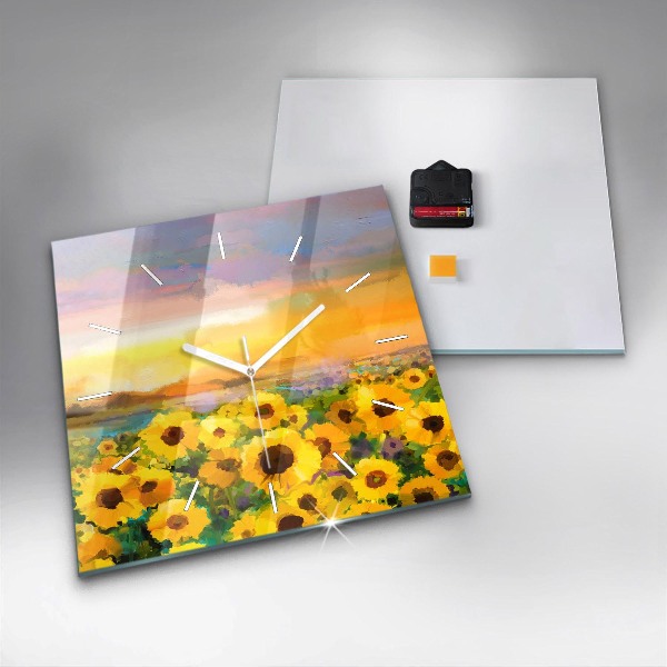 Square glass wall clock Sunflower Field